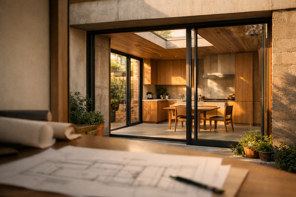 Exterior view of a London home extension with sliding glazed doors, exposed concrete and timber, warm evening light, architectural drawings in the foreground on a garden table.