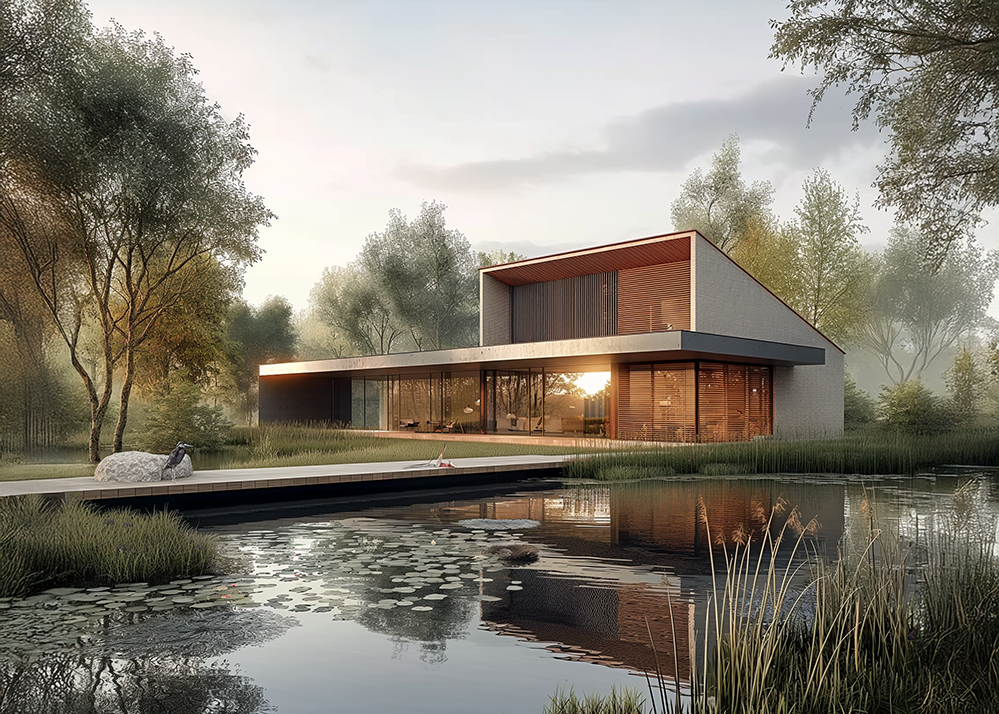 Modern eco home by a pond in a woodland setting, designed with Passivhaus principles including deep eaves, timber cladding, solar orientation, and full-height glazing for energy efficiency and comfort year-round.