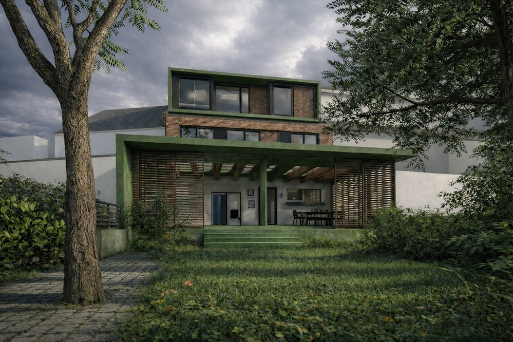 Green concrete canopy with timber brise-soleil shading a glazed extension, demonstrating passive solar control, reduced overheating risk and low-energy design principles in a modern London home.
