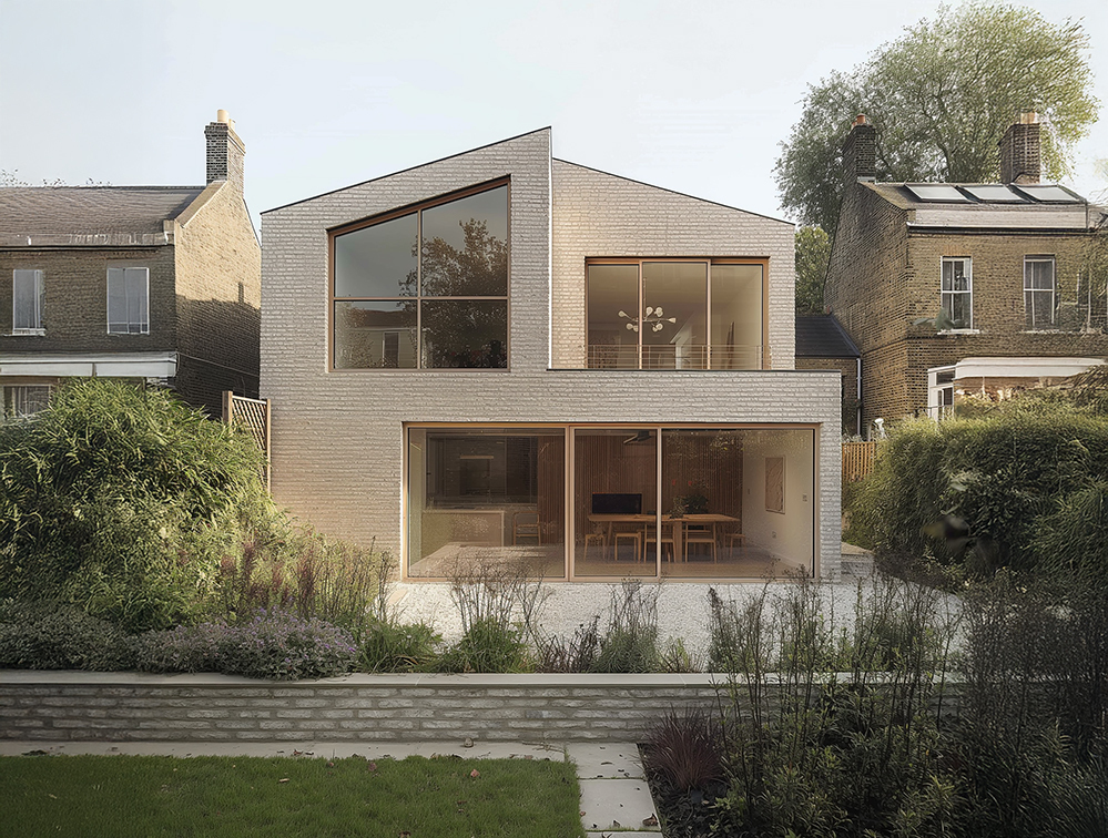 Rear view of a sustainable, low-energy home by RISE Design Studio in London, featuring a sculpted brick form, triple-glazed windows, and garden-facing living spaces designed for comfort, daylight, and passive environmental performance.