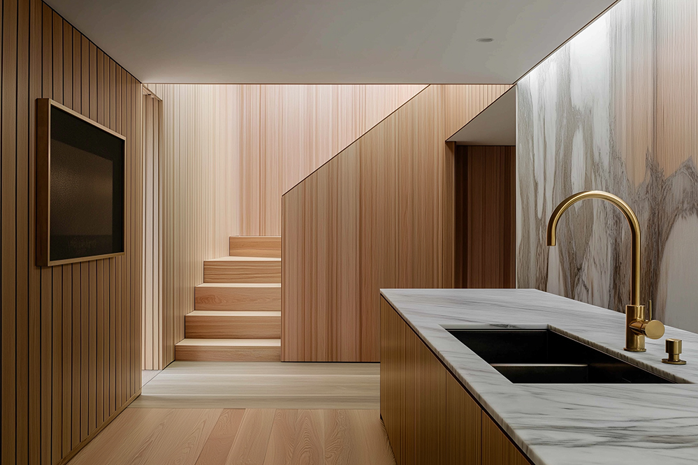 Interior of a renovated London mews house designed by RISE Design Studio, featuring a minimalist staircase in warm timber, marble kitchen surfaces, and brass fixtures—blending sustainable materials with elegant, modern detailing in a compact, efficient layout.