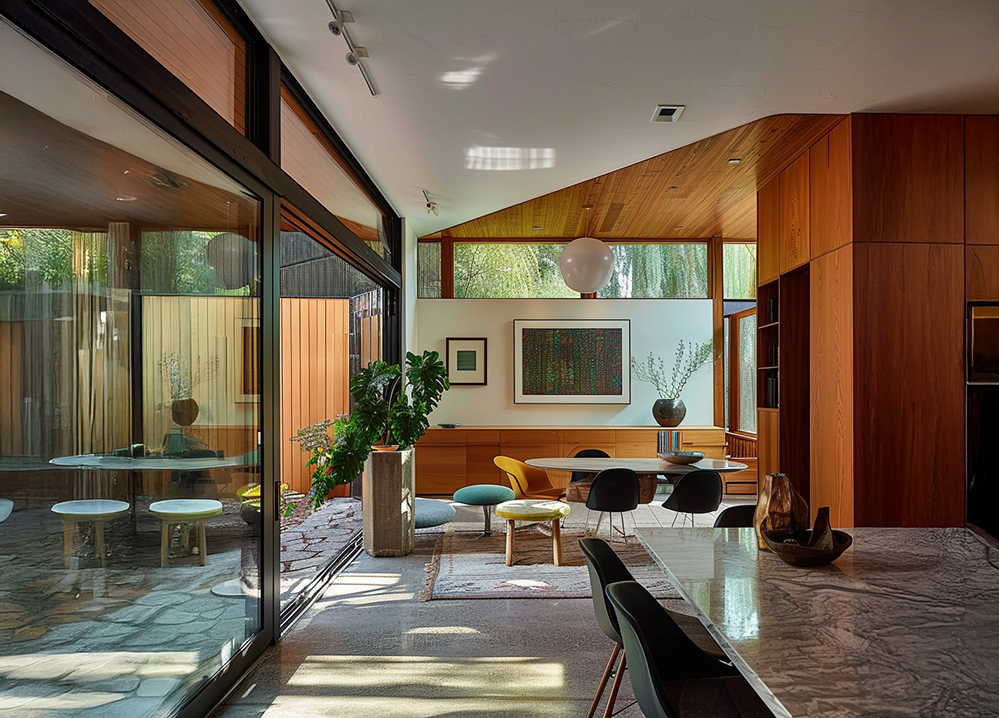 Interior of a midcentury modern home renovated by RISE Design Studio, featuring timber walls, stone flooring, full-height glazing, and open-plan living with natural light and original materials.