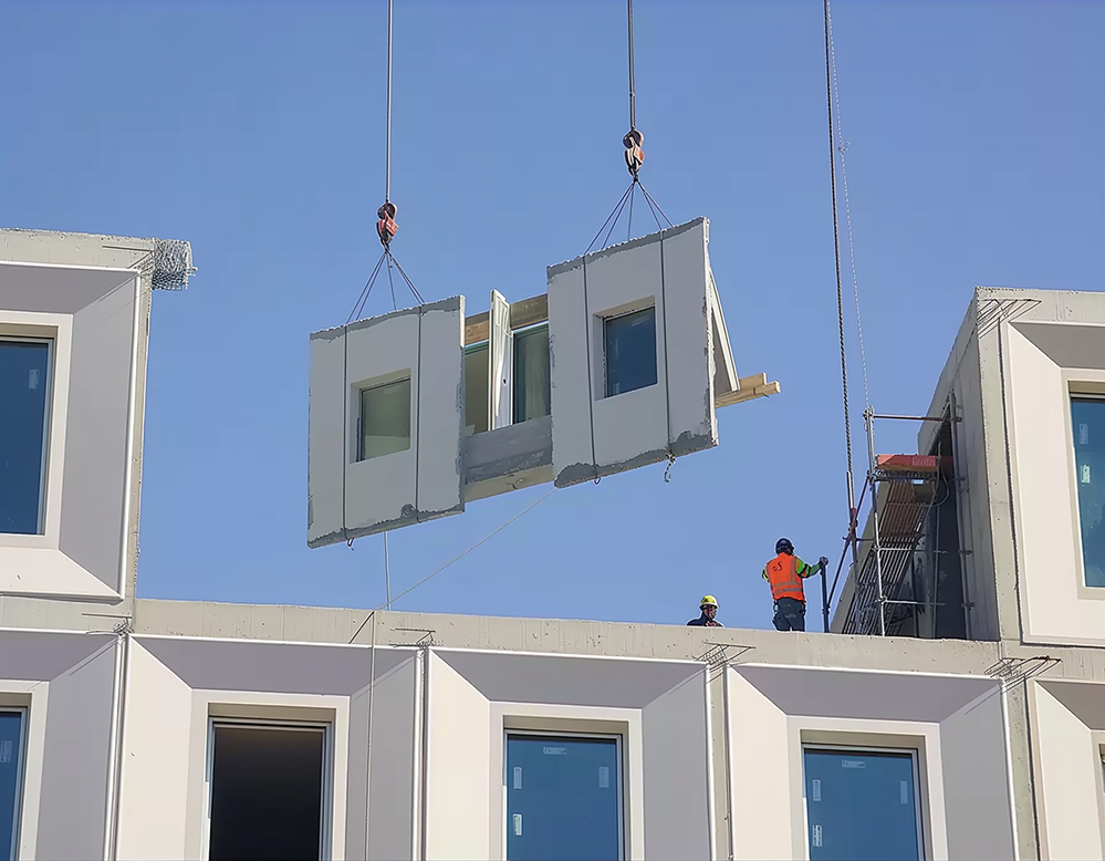 Construction workers guide a prefabricated wall panel with integrated windows into place using a crane, demonstrating Modern Methods of Construction on a multi-storey building.