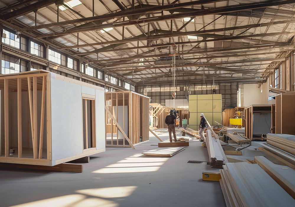 Factory setting showing timber-framed modular units under construction, highlighting the precision, efficiency, and sustainability of offsite housing methods.
