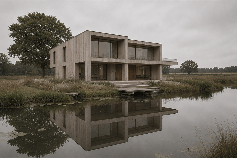 Contemporary timber-clad house overlooking a natural pond at sunset, featuring minimalist architecture, large glazed openings, sustainable design principles and reflections across the water in a rural landscape.