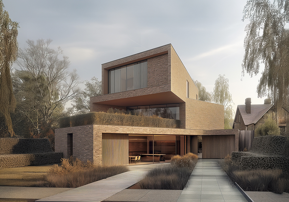 Modern self-build home with brick and timber façade, large glazing, green roof, and landscaped approach. Designed with sustainable principles and planning sensitivity, showcasing low-energy architecture in a contemporary UK residential context.