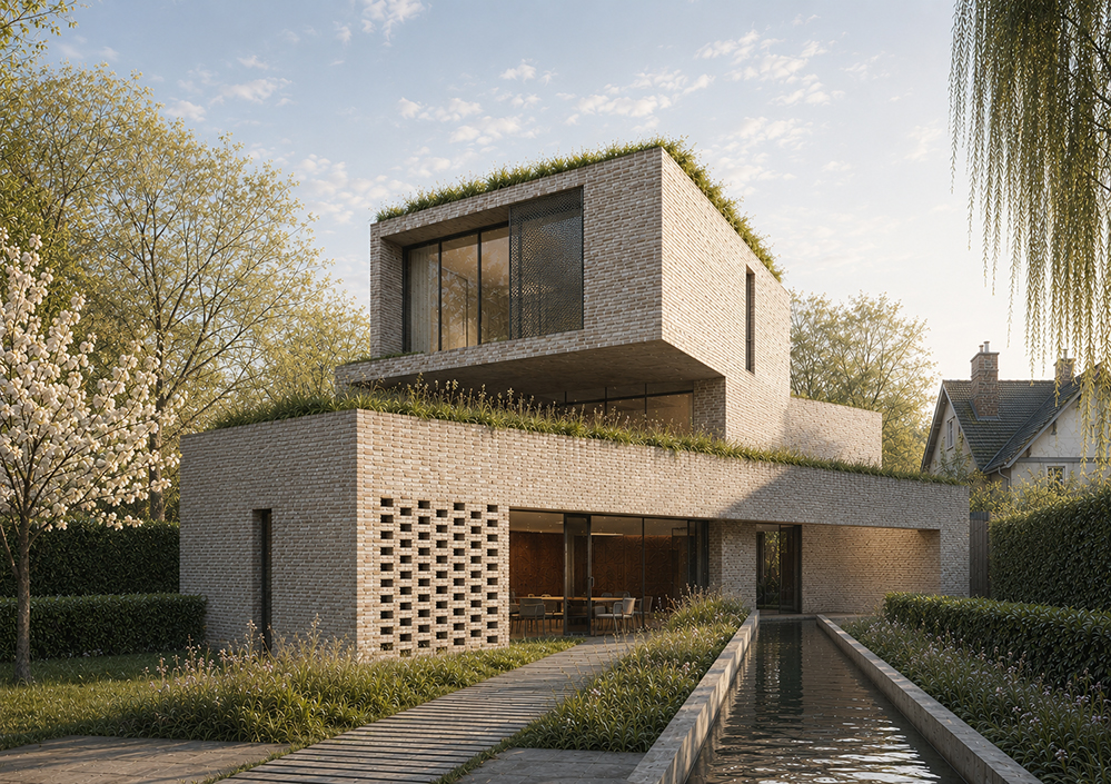 A contemporary new-build house in pale grey brick with stacked, set-back volumes, planted green roofs, deep window reveals and a perforated brick screen, set behind a long reflecting pool and planting, with a period house and willow tree to one side. RISE Design Studio.