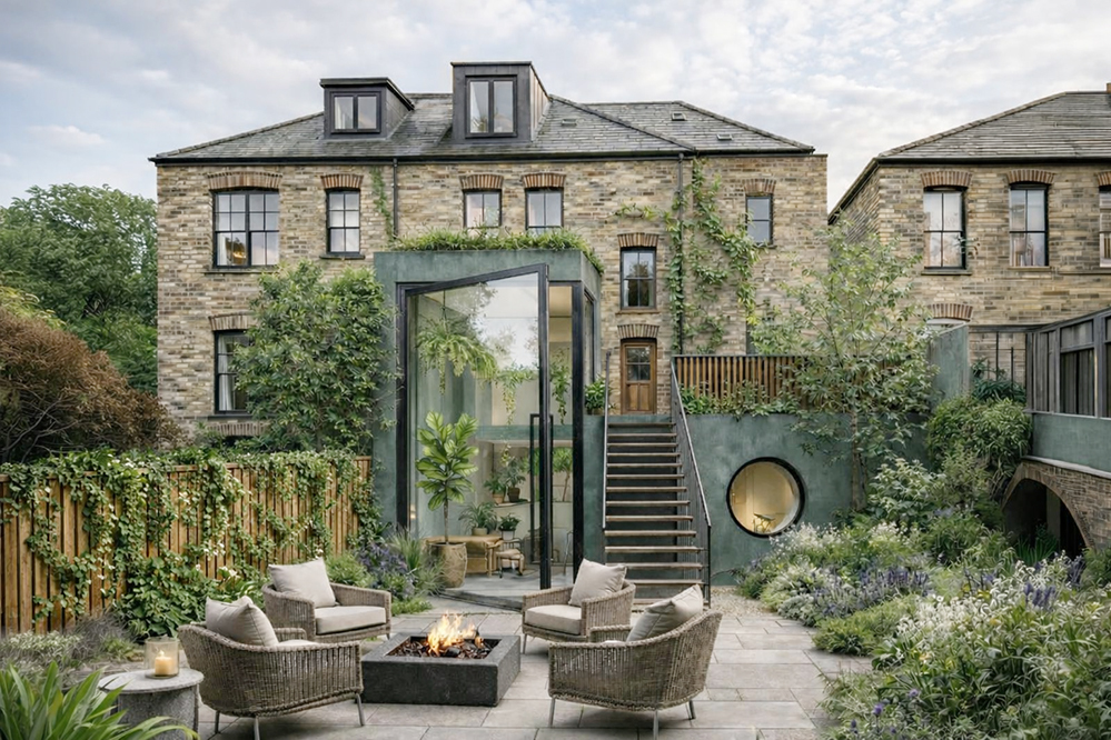 The full rear composition - a social firepit terrace anchors the outdoor space, with the glazed extension drawing the interior and garden into a single continuous environment in Notting Hill