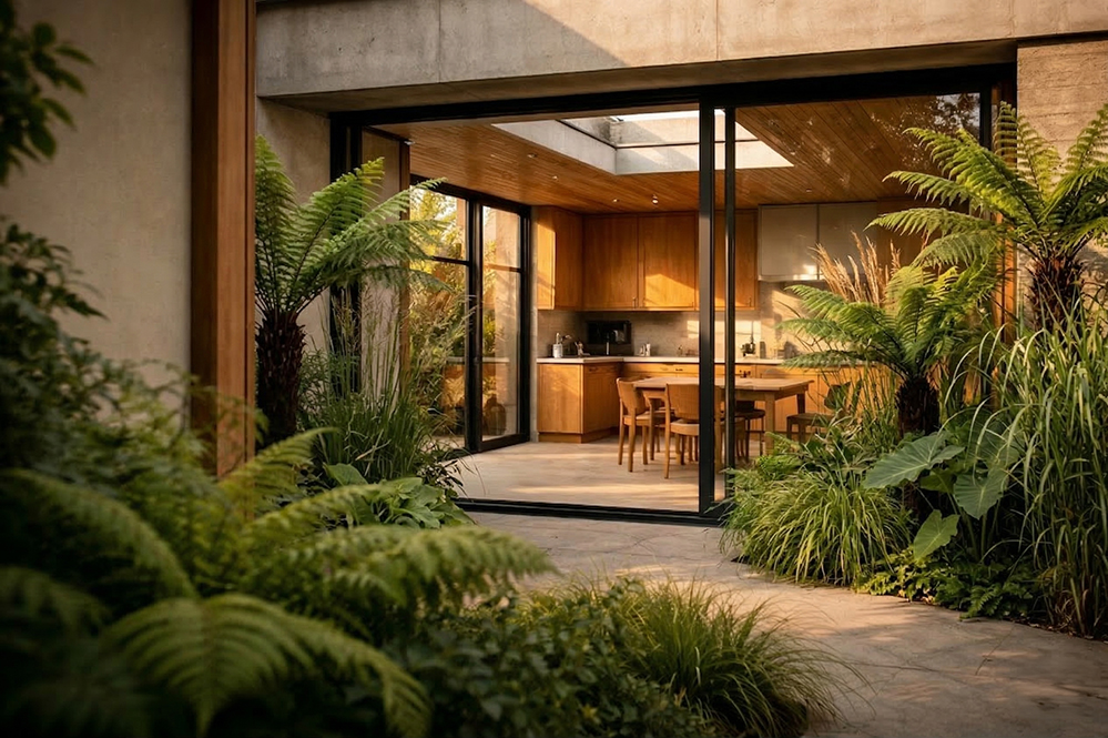 Biophilic kitchen extension in Notting Hill with full-height black-framed sliding glazing, timber-clad ceiling, rooflight, and lush fern garden planting. Indoor-outdoor living by RISE Design Studio, London architects specialising in sustainable residential design.