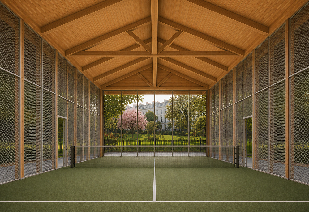Padel court concept by RISE Design Studio in a Notting Hill garden square, with a green court and net, pale mesh walls in a timber frame, a pitched roof of exposed glulam trusses, and a glazed gable wall framing a pink cherry tree, lawn, and white stucco terraces beyond.
