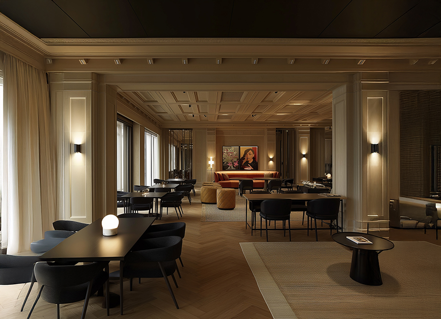 Interior view of a converted office space into a luxury hotel lounge by RISE Design Studio, featuring modern furniture, soft lighting, and sustainable design elements within a restored architectural setting.