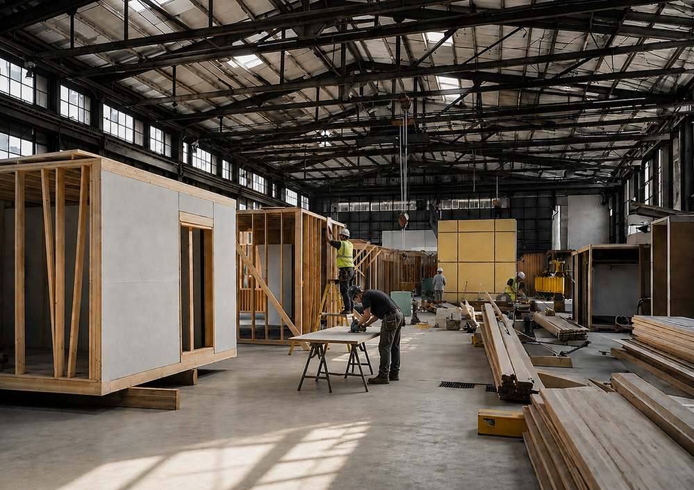 Inside a light industrial factory, workers build and assemble timber-framed modular building units and closed panels for offsite construction, with stacks of dimensioned timber and a gantry crane, under a large steel-trussed roof with rooflights. RISE Design Studio.