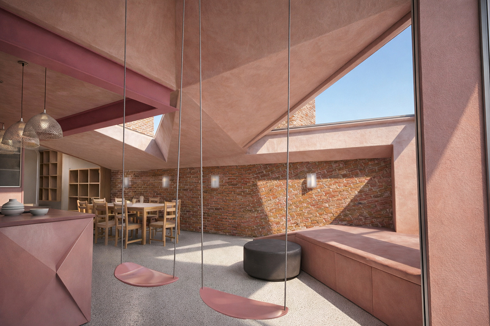 Interior of a low-energy Victorian house extension in London, featuring sculpted folded ceilings, rooflights and a playful kitchen space designed around daylight and thermal comfort.