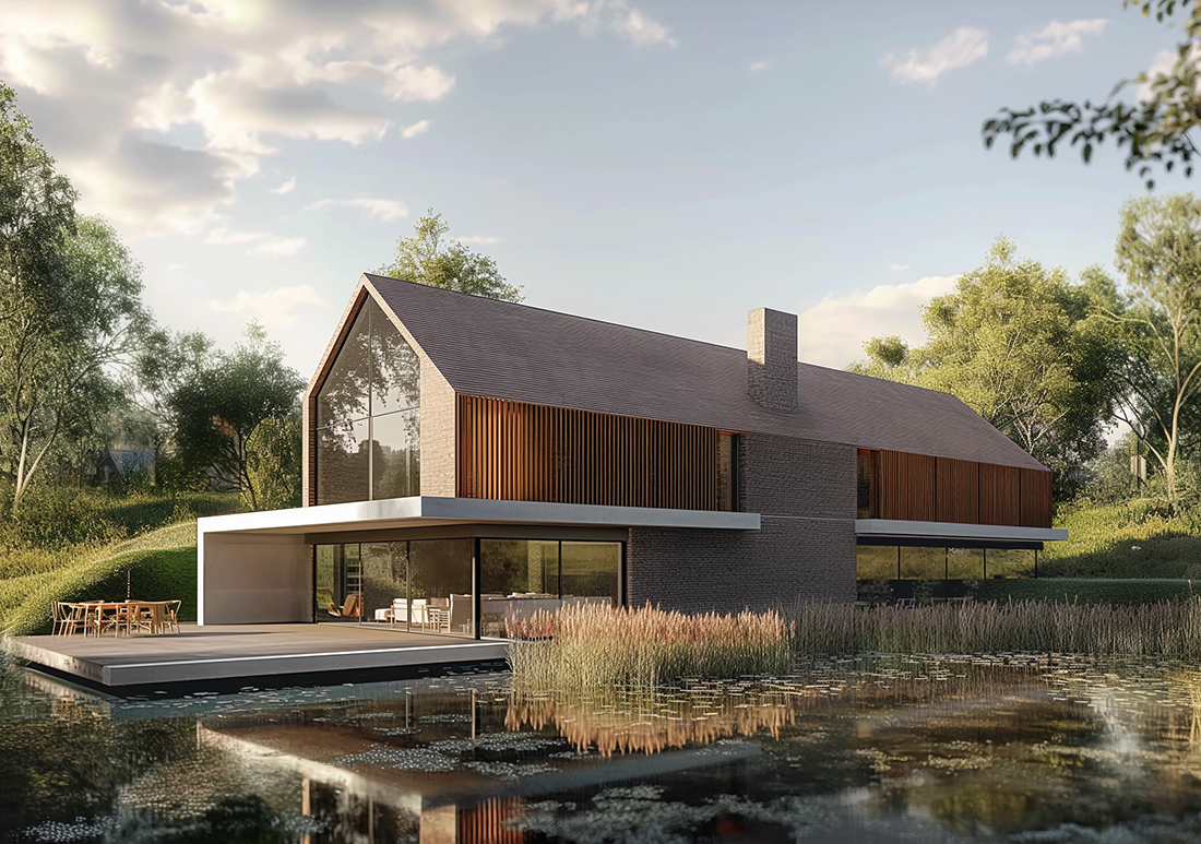 3D render of a proposed Paragraph 84 home in the Cotswolds, featuring a pitched roof, natural materials, timber louvres, and a cantilevered terrace over a reflective pond, designed to blend with the rural landscape and enhance its ecological setting.