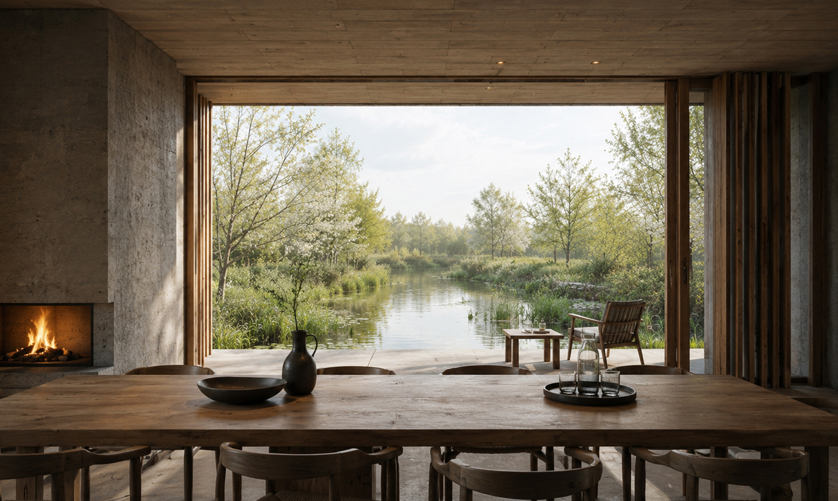 View from the dining room of a Passivhaus overlooking a tranquil wildlife pond on a spring morning. A solid oak dining table sits within a minimalist interior of textured concrete, natural timber and soft daylight. Floor-to-ceiling glazing opens directly onto a stone terrace, creating a seamless connection between the interior and the water beyond. Reeds, flowering trees and woodland frame the reflective pond, while a simple fireplace and carefully crafted materials evoke a calm, contemplative atmosphere rooted in nature.