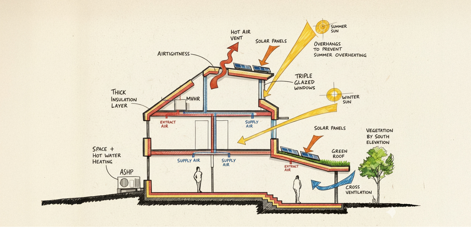 Hand-drawn section diagram showing sustainable architecture design principles, including Passivhaus strategies such as thick insulation, airtightness, MVHR ventilation, solar panels, shading, green roof, cross ventilation, and air source heat pump in a low-energy London home. Hand-drawn section diagram showing sustainable architecture design principles, including Passivhaus strategies such as thick insulation, airtightness, MVHR ventilation, solar panels, shading, green roof, cross ventilation, and air source heat pump in a low-energy London home.