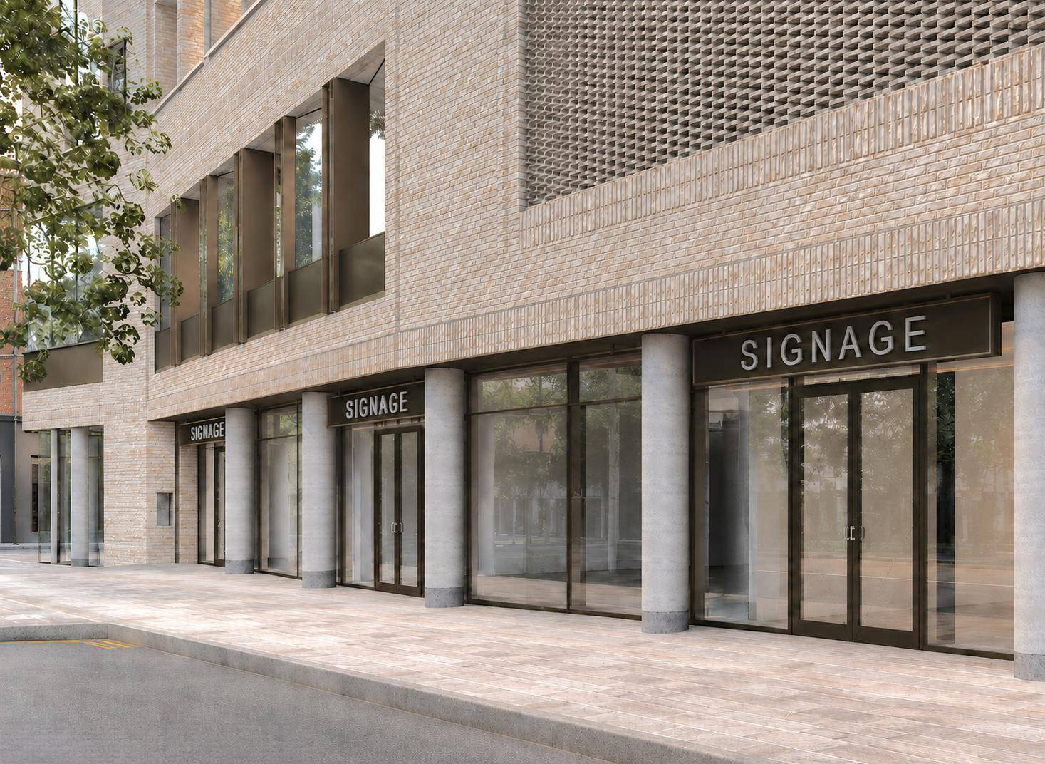 Rendered street view of Essoldo House, 279 King's Road, Chelsea, showing three ground floor retail units with pale brick, concrete columns and bronze-framed glazing, each with a slim dark signage panel suspended above the double doors, residential windows above. RISE Design Studio.