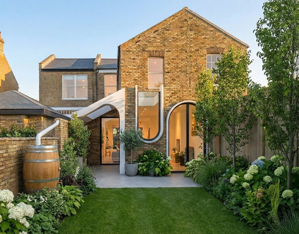 Architect-designed garden extension with integrated rainwater harvesting system, featuring a water butt, planted landscaping and curved glazing. A sustainable UK home demonstrating water-efficient design, climate resilience and low-energy living.