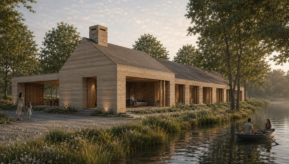 Exterior render of a proposed rammed earth barn-form house in rural Kent by RISE Design Studio, showing a gabled roof with brick chimney, timber front door and covered outdoor dining area, with a family walking a gravel path beside a lake at dusk and a couple rowing a boat on the water.