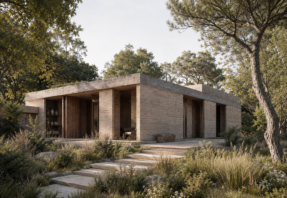 Render of a single-storey rammed earth villa on the Costa Brava, its layered earth walls and deep flat roof shading a porch with timber screens, reached by wide stone steps through wild grasses, wildflowers and boulders beneath mature pines. RISE Design Studio