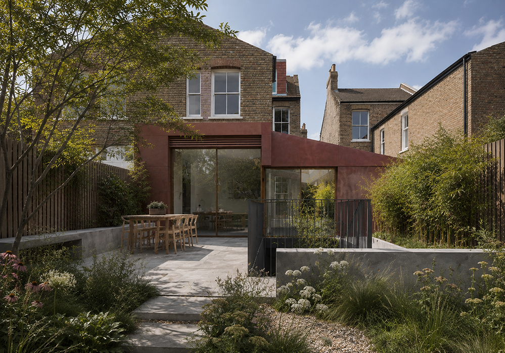 A rear extension to a Victorian brick house, clad in deep red-brown render with a projecting roof canopy and full-height glazing shading the interior, opening onto a stone terrace with a dining table and a densely planted garden. RISE Design Studio.