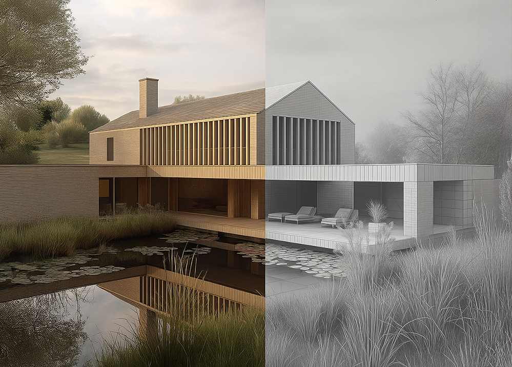 Digital twin visualisation showing a sustainable home transitioning from 3D architectural model to photoreal render, reflecting how RISE Design Studio uses digital technology to design low-energy buildings with precision and clarity.