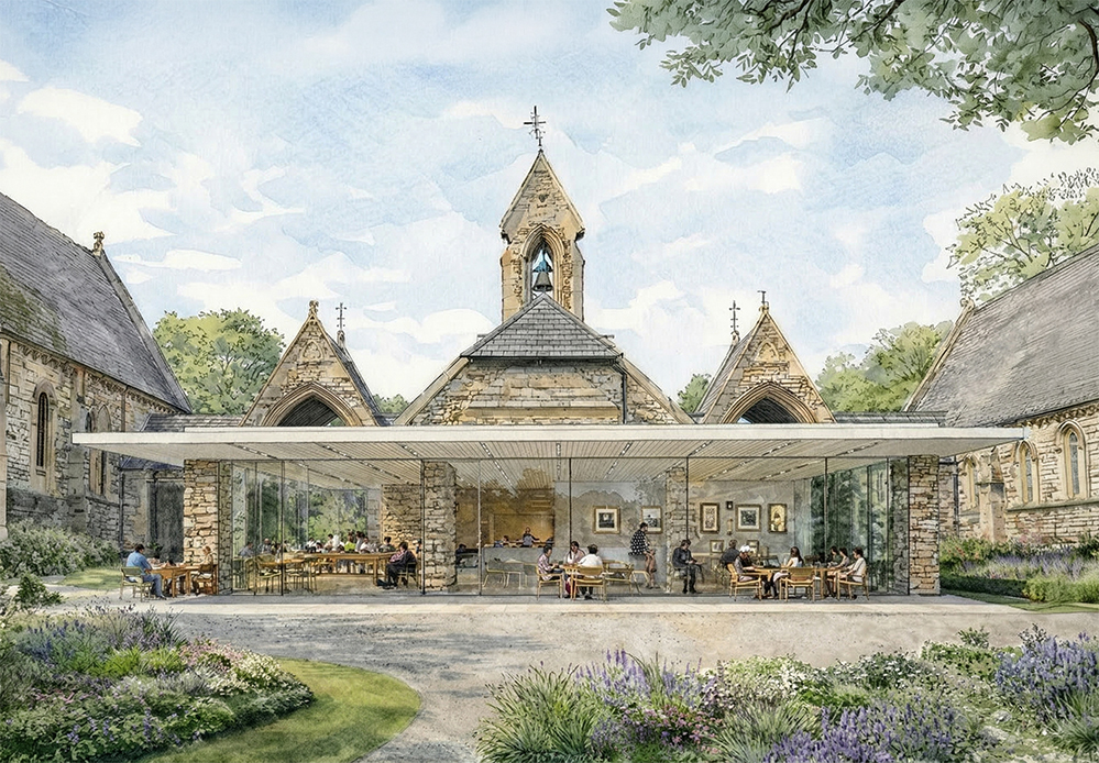 Architectural concept visualisation of a glazed contemporary pavilion designed by RISE Design Studio within the courtyard of the Grade II listed Victorian Gothic chapels at Paddington Old Cemetery, Queen's Park, London