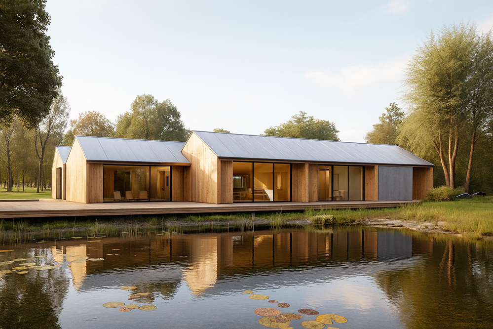 Single-storey contemporary countryside home beside a lake, featuring dusty pink precast concrete walls, zinc roof, and full-height glazing reflecting in the water, designed for sustainability and harmony with nature.