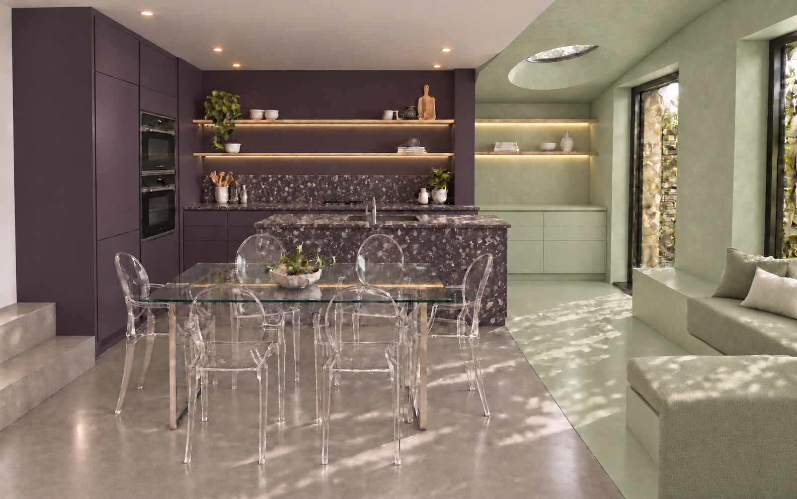 Scallop House kitchen concept with aubergine cabinetry, a patterned island and pale sage walls, floor and window seating beneath a circular rooflight.