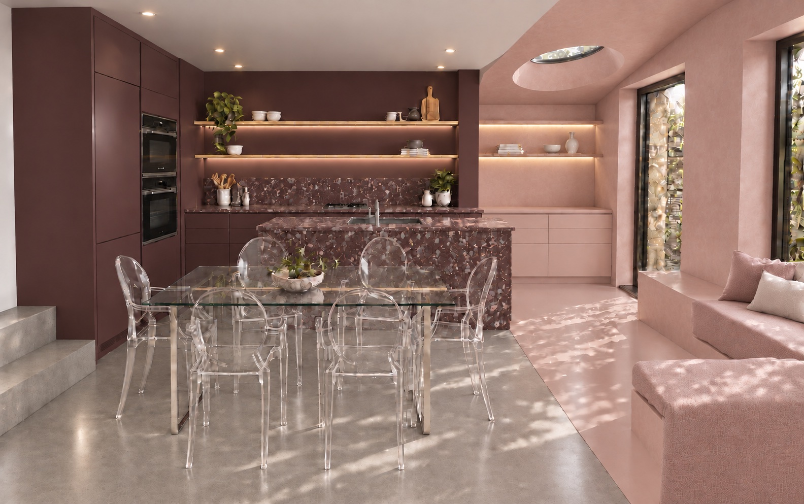 Scallop House kitchen concept pairing burgundy cabinets and a patterned island with a plaster-pink extension, built-in seating and a circular rooflight.