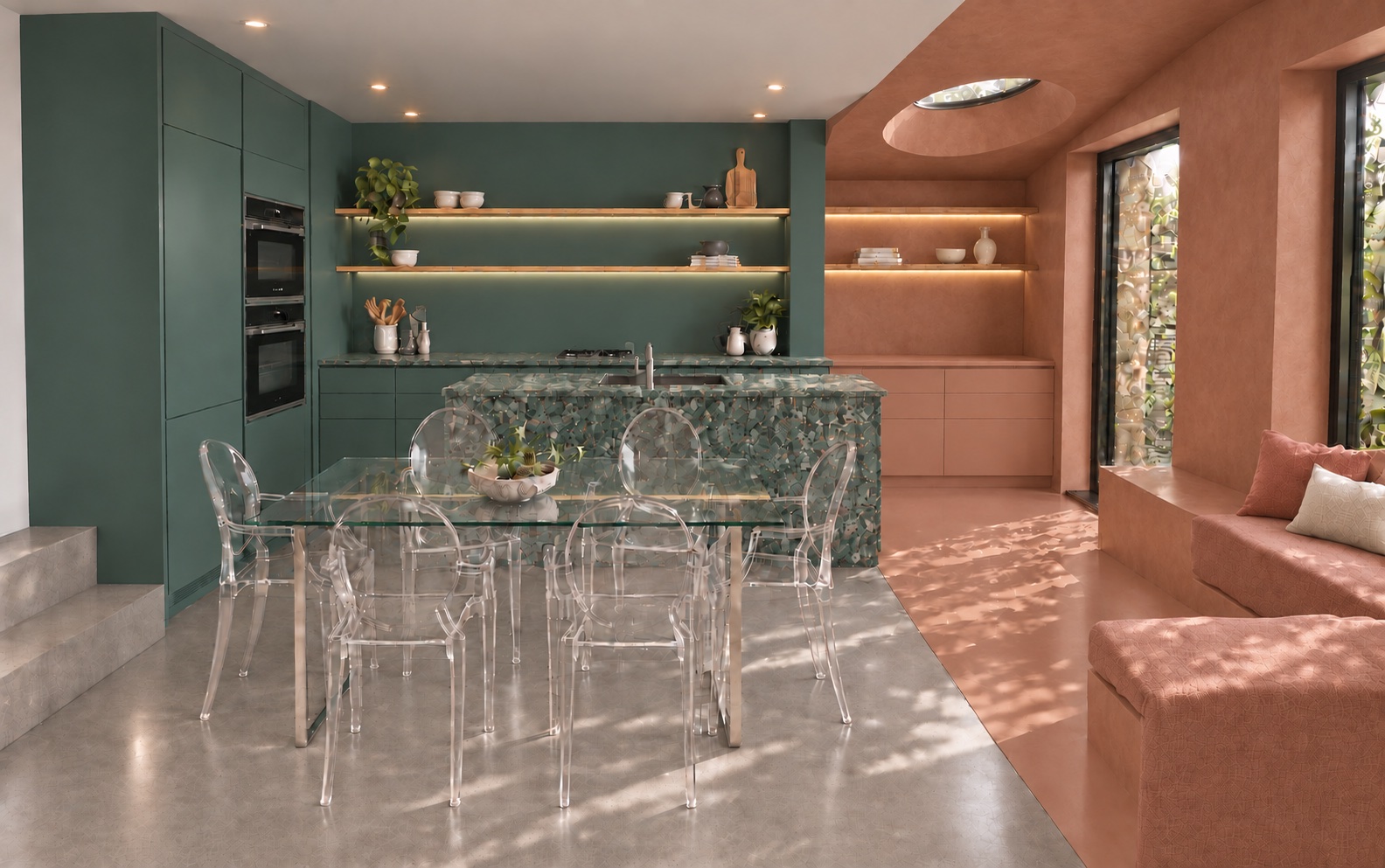 Scallop House kitchen concept with mineral green cabinets and a patterned island beside warm terracotta walls, floor and built-in window seating.