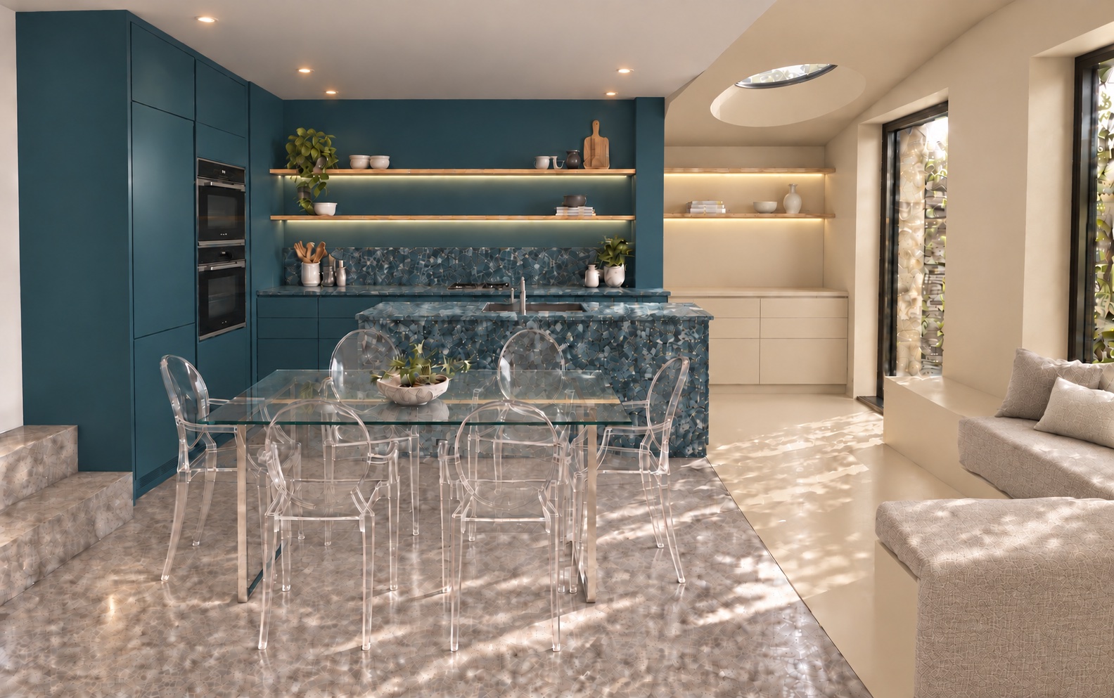 Scallop House kitchen concept with deep petrol cabinets, a patterned island and an oatmeal-coloured extension with built-in seating beneath a circular rooflight.
