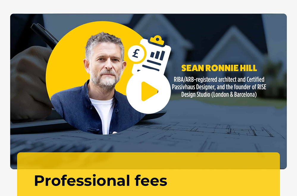 Image showing Sean Ronnie Hill, founder of RISE Design Studio, featured in a SelfBuild Magazine interview graphic about professional fees. The graphic highlights key topics including budgeting for architects, engineers and QSs, scope control and clear project appointments.