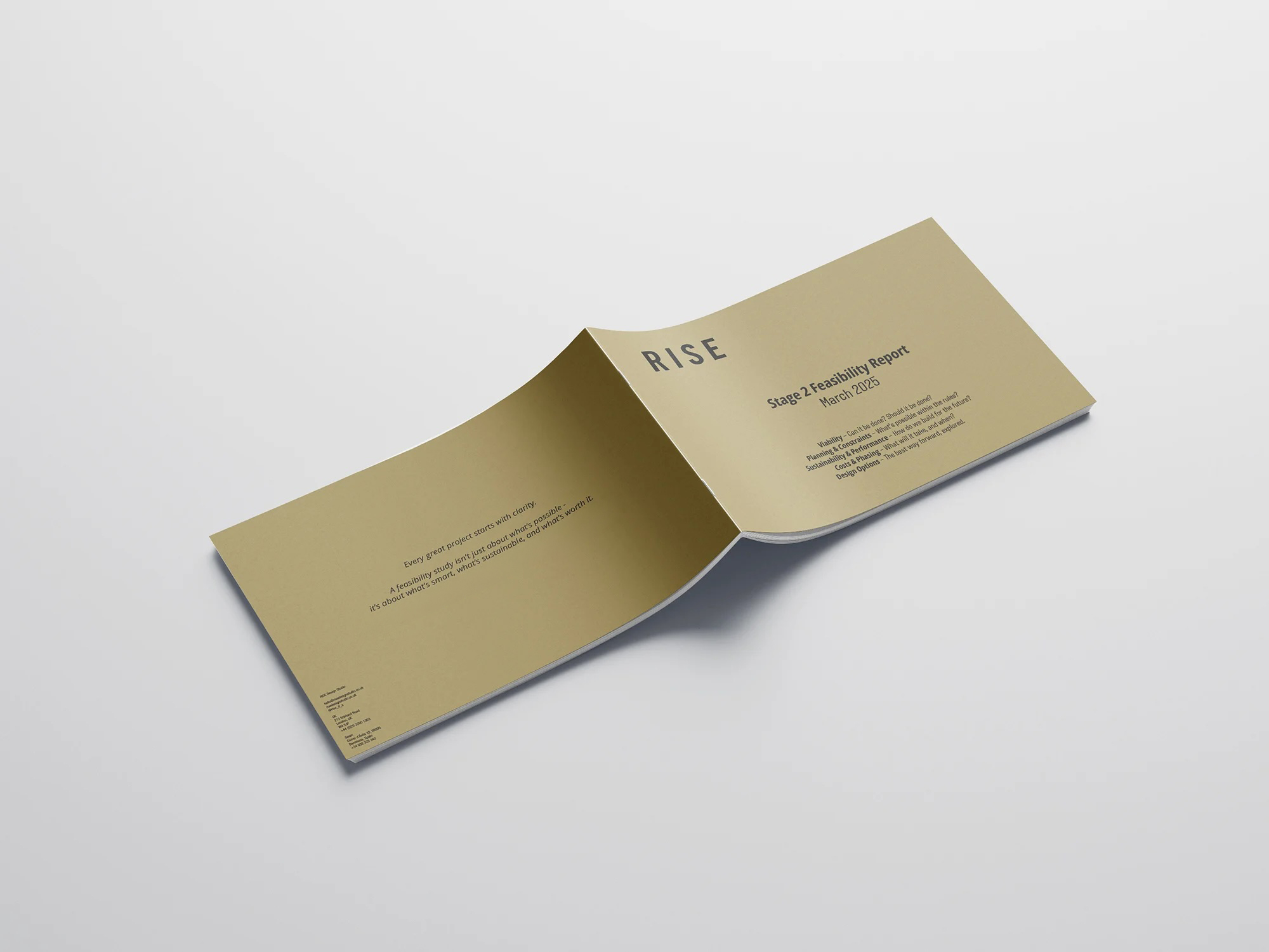 The cover spread of a RISE Design Studio Stage 2 Feasibility Report, a gold A3 booklet setting out viability, planning, sustainability, costs and design options. RISE Design Studio.
