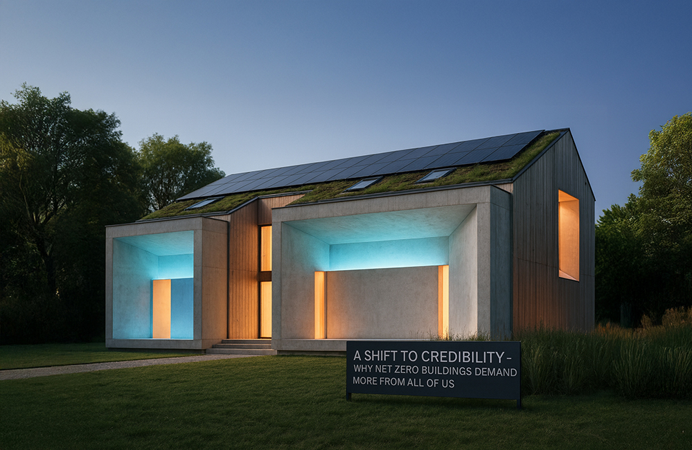 A contemporary net-zero home with clean geometric forms, solar panels and coloured lighting in recessed openings. The image shows a low-carbon building set in a calm landscape, emphasising sustainable architectural design.