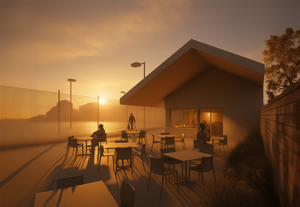Early architectural render of the Sutton Churches Tennis Clubhouse by RISE Design Studio, showing a generous roof canopy, outdoor seating terrace and views across the adjacent tennis courts.