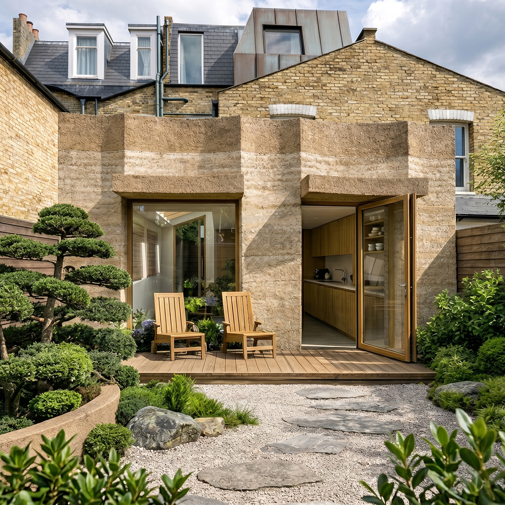 Buff lime render rear extension on Victorian yellow-brick terrace, Stoke Newington N16 CGI. Japanese garden, timber deck and oak kitchen visible. RISE Design Studio London.
