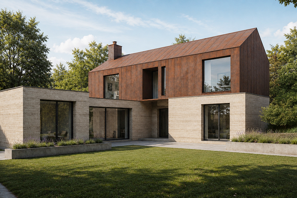 New build house in Sussex designed by RISE Design Studio using SIPs construction, with corten steel upper storey cladding, rammed earth base, full-height sliding glazing and planted garden terrace.