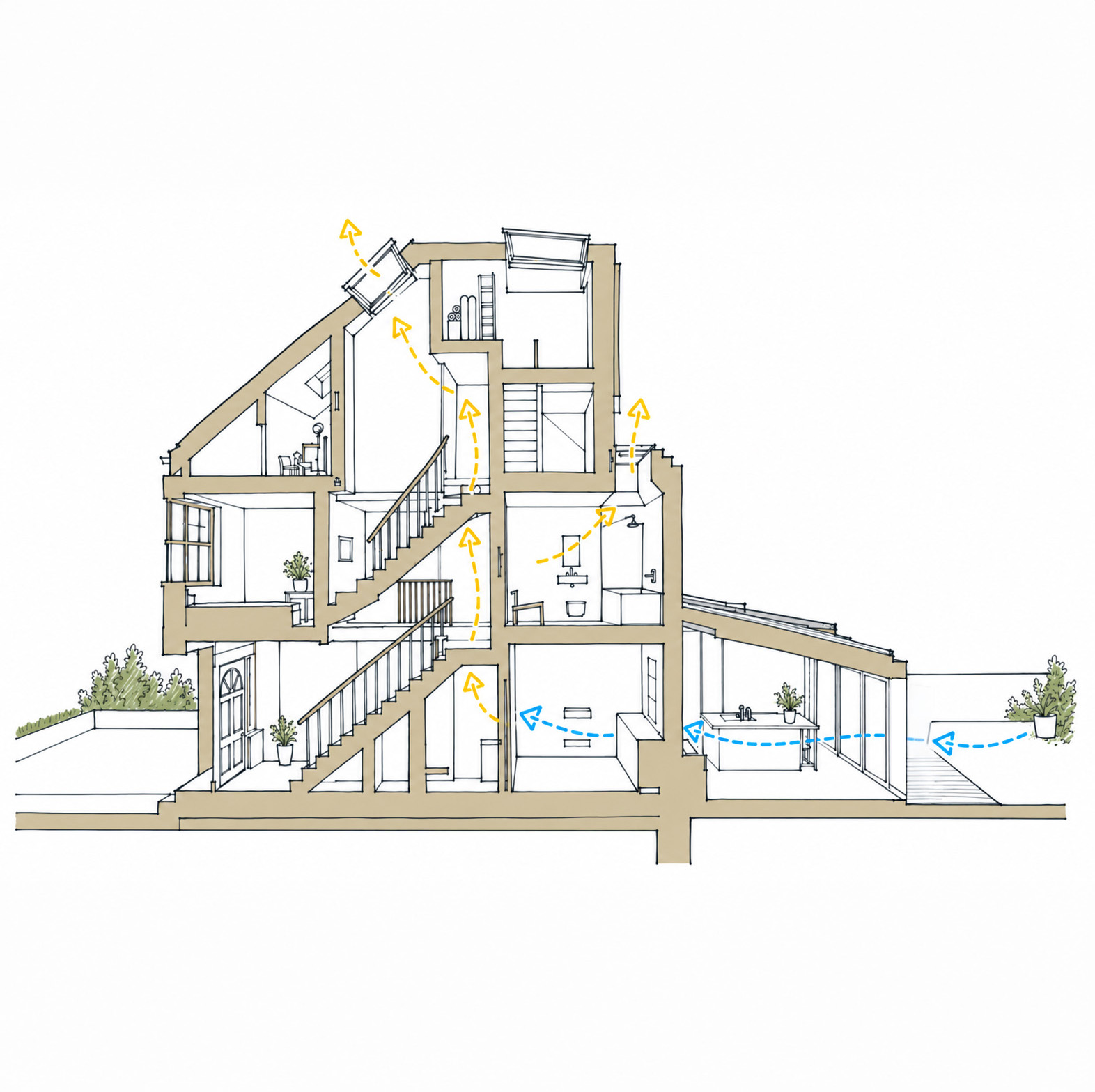 Stack effect on a rise design studio project Douglas House 3D sectional perspective