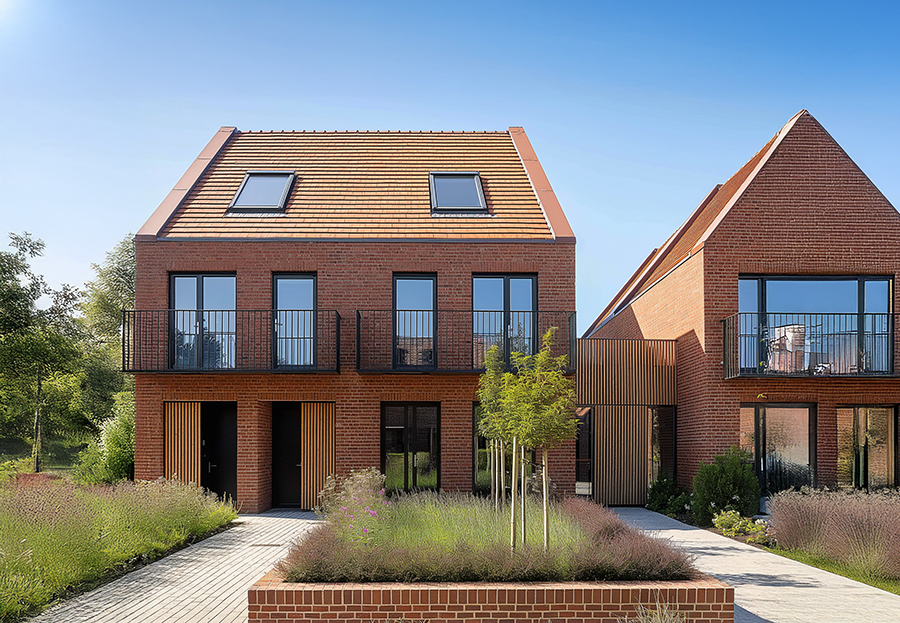 Modern red-brick affordable housing development with pitched roofs, black-framed windows, timber detailing, and landscaped communal garden, designed to enhance sustainability, natural light, and community living.