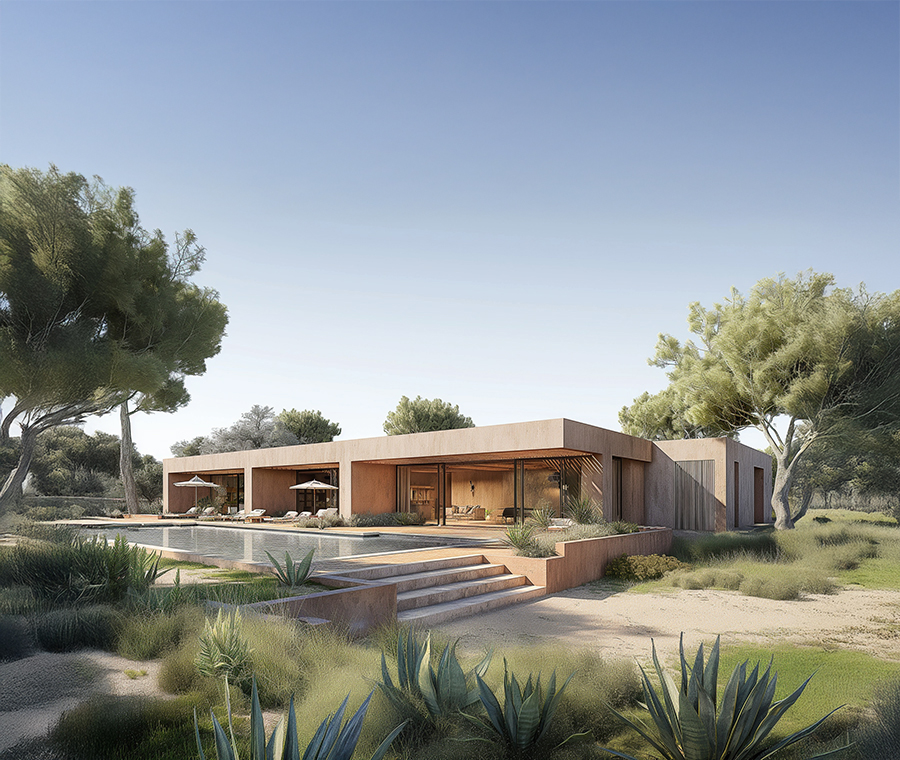 Contemporary sustainable villa in Spain designed by RISE Design Studio, featuring natural materials, passive solar design, and seamless indoor-outdoor living to demonstrate low-energy architecture integrated with the Mediterranean landscape.
