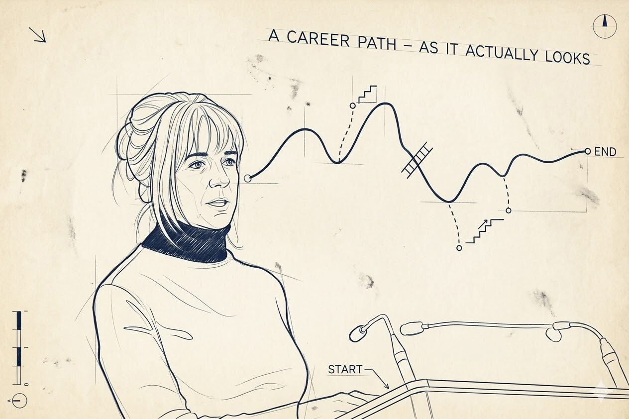 A Career Path As It Actually Looks - diagram presented at an IWD lecture showing a winding route with dead ends, a reminder that progress is never linear
