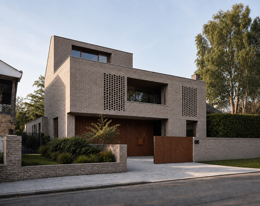 Two-storey new-build house in pale grey brick with perforated brick screens to the first-floor windows, a timber-slatted entrance and sliding gate, and a low brick boundary wall with soft planting, seen from the street in evening light. Low-energy home by RISE Design Studio.