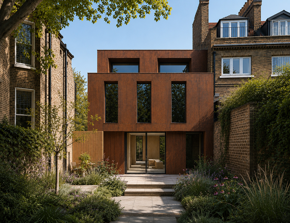 Contemporary sustainable home in London featuring a corten steel façade, deep window reveals and a landscaped garden. Designed as a low-energy building with a fabric-first approach to comfort, durability and long-term environmental performance.