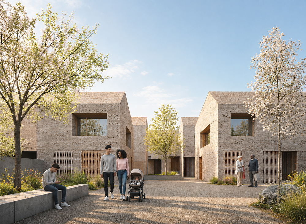 Architectural visualisation of a sustainable backland housing development with contemporary brick homes, shared pedestrian spaces, mature trees and biodiverse landscaping. Residents walk through a community-focused courtyard designed around low-energy living and gentle urban density.