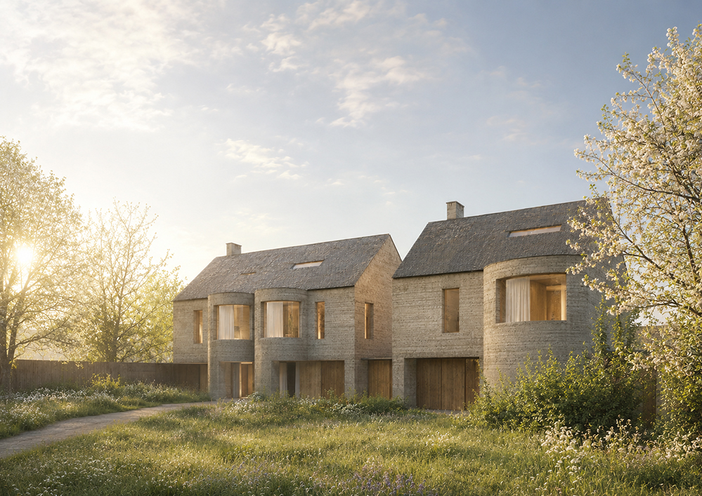 Architectural visualisation of three low-energy homes on a backland development site, featuring natural materials, biodiverse landscaping and compact sustainable housing designed within an established residential neighbourhood.