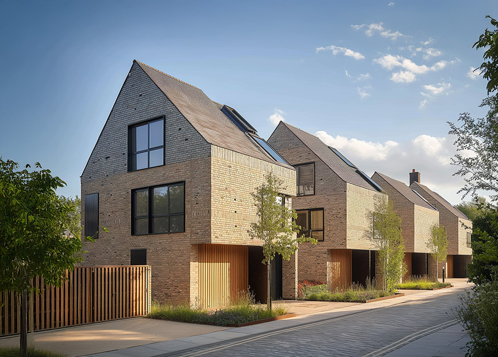 Row of contemporary brick houses with pitched roofs and timber detailing, designed by RISE Design Studio on a redeveloped brownfield site, showcasing sustainable urban housing with landscaped frontages and integrated solar shading.