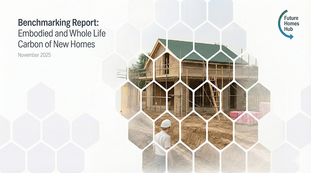Construction of a low-energy home with timber structure and scaffolding on site, viewed through a hexagonal graphic pattern. Used to illustrate embodied and whole life carbon insights in sustainable homebuilding.