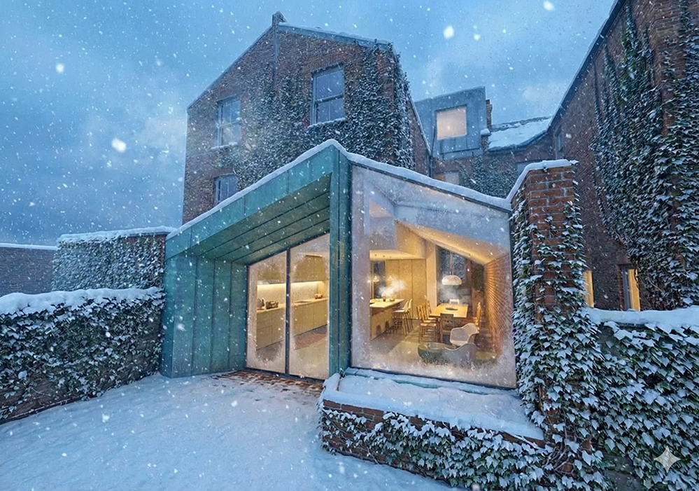 A sustainable home extension in London covered in snow, showing warm interior light through large insulated glazing, copper-clad exterior, and brick walls with ivy. The design illustrates low-energy architecture and fabric-first renovation principles for improved comfort and reduced energy use.