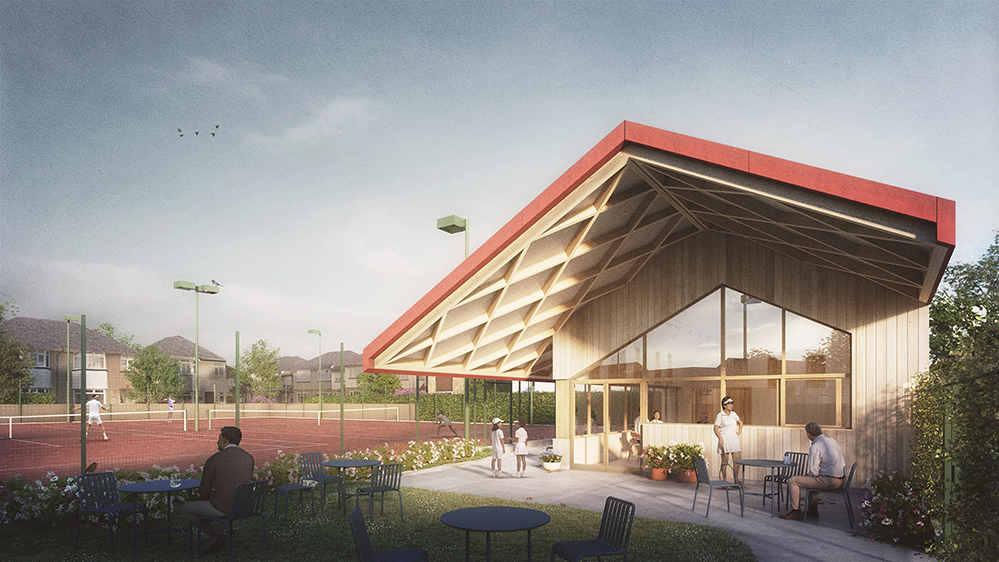 Dusk visualisation of the new Sutton Churches Tennis Club clubhouse by RISE Design Studio: a timber pavilion with a red standing seam roof and exposed glulam structure, its cantilevered canopy reaching over a glazed clubroom and terrace, with players on the clay courts beyond.